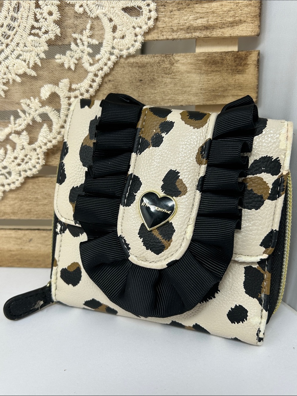 Leopard Print Fold-Over Wallet with Black Ruffle Trim